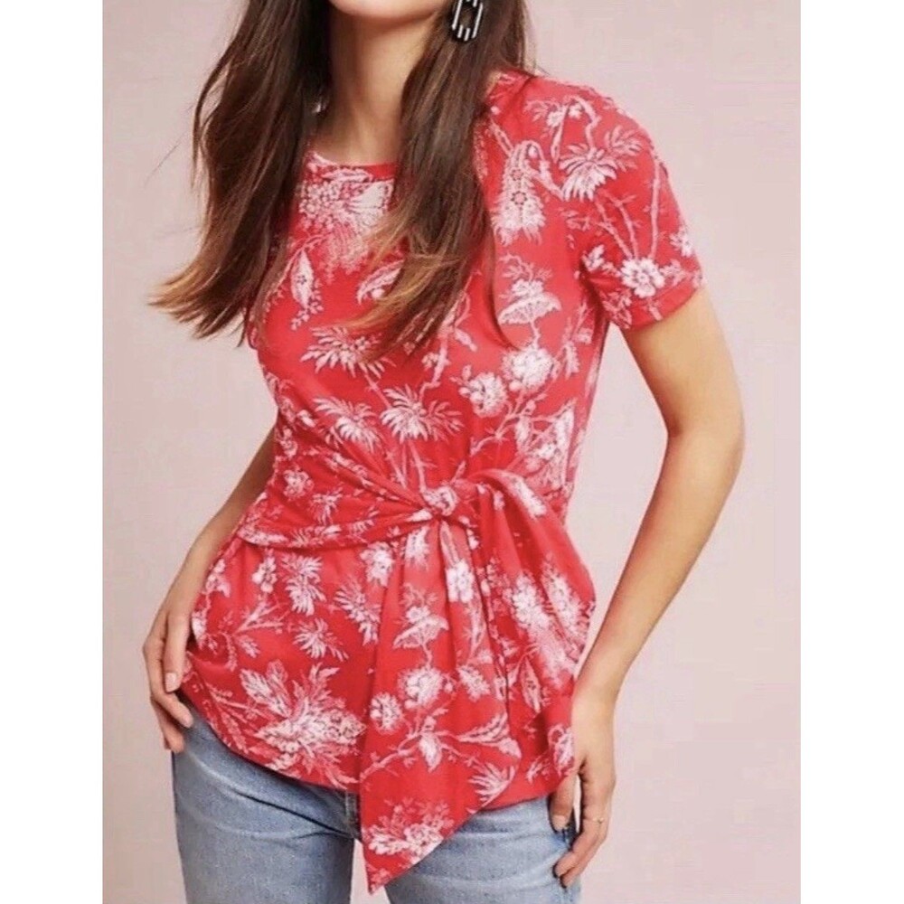 Maeve Anthropologie Red White Toile Print Front Tie Short Sleeve Top Sz Small S